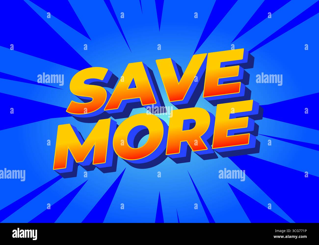 Testo in grassetto che dice DI RISPARMIARE DI PIÙ in uno stile vivace e colorato con sfondo blu a raffica. Illustrazione Vettoriale