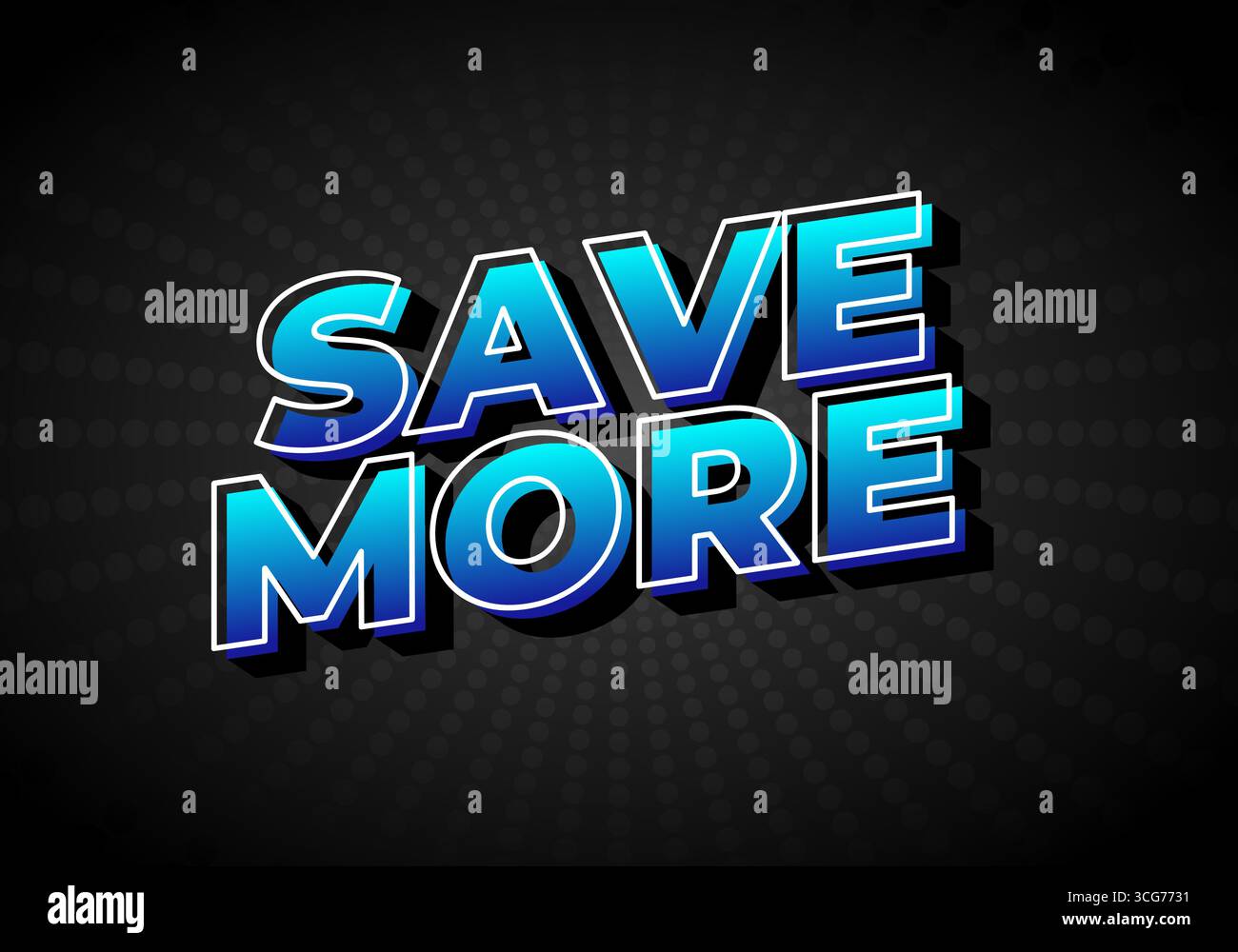 Un testo grafico in grassetto e stilizzato che legge CONSENTE DI RISPARMIARE DI PIÙ con sfumature blu su uno sfondo nero con un motivo radiale. Illustrazione Vettoriale