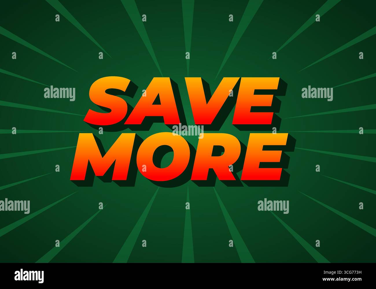 Una grafica vivace con testo in grassetto che consente DI RISPARMIARE DI PIÙ con una sorprendente sfumatura di arancione e giallo su uno sfondo verde con linee irradianti Illustrazione Vettoriale