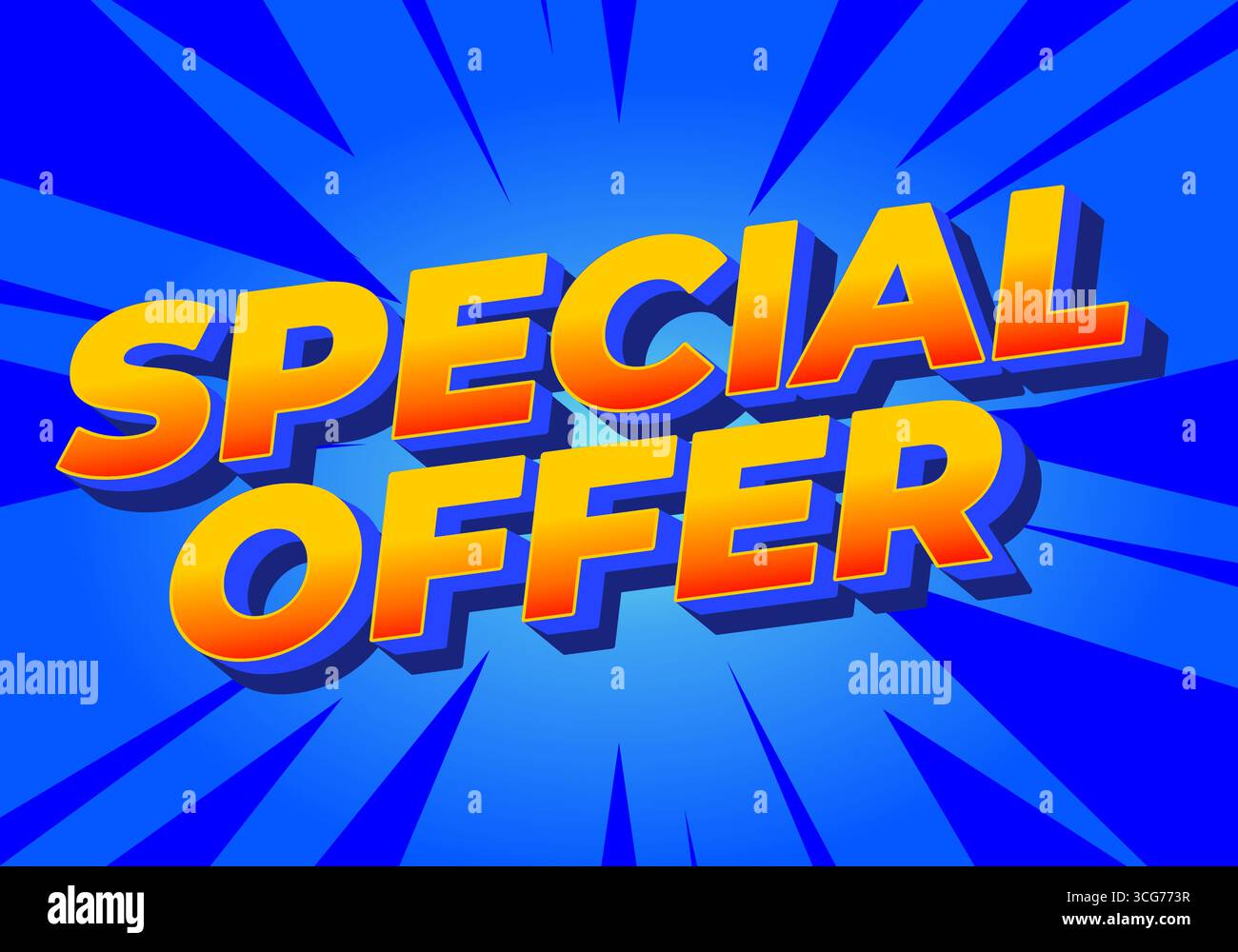 Una grafica vibrante che presenta l'OFFERTA SPECIALE del testo in grassetto, lettere colorate su sfondo blu con raggi dinamici che emettono dal centro. Illustrazione Vettoriale