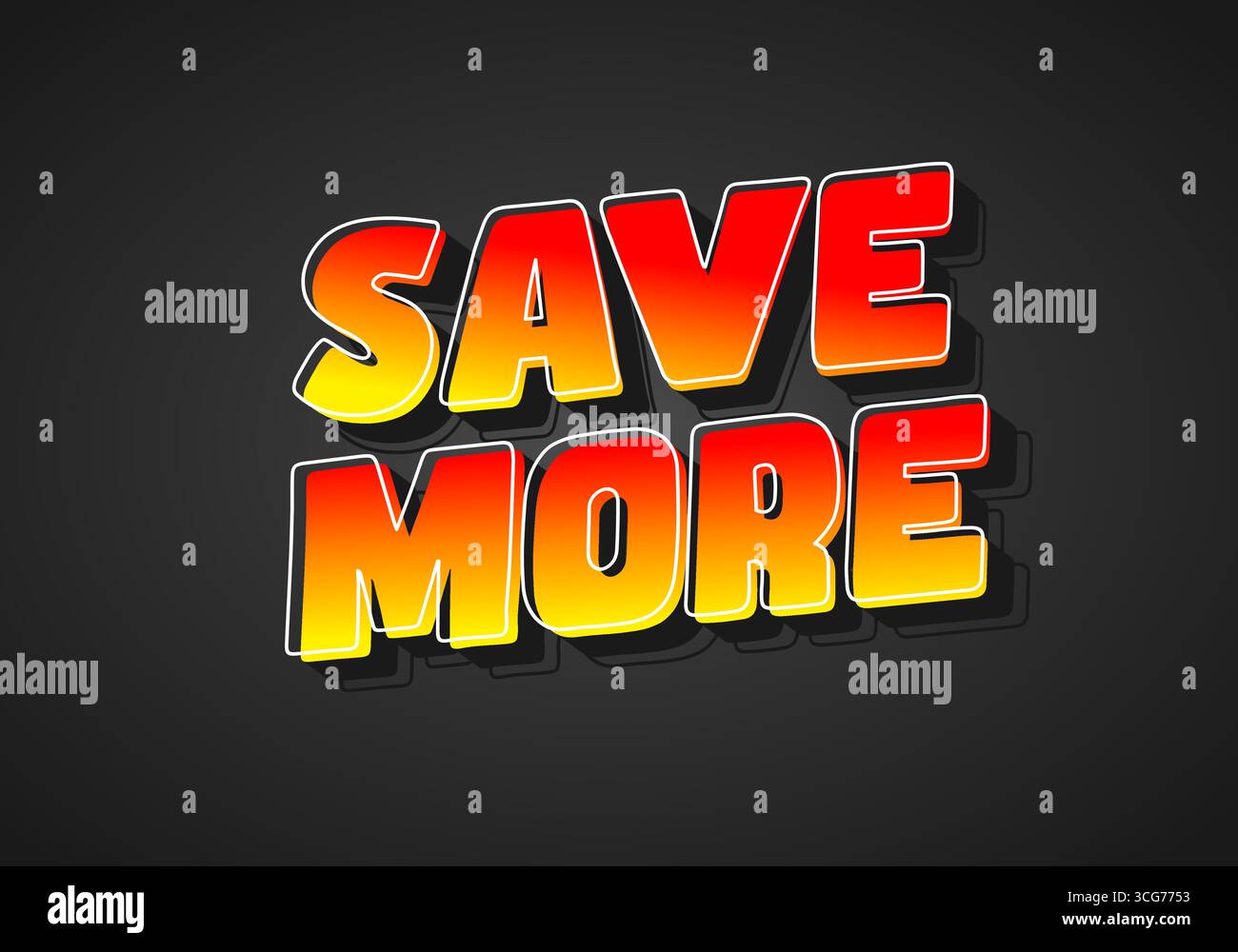 Testo audace e colorato che dice DI RISPARMIARE DI PIÙ con una sfumatura da rosso a giallo su sfondo scuro, sottolineando risparmi e promozioni. Illustrazione Vettoriale
