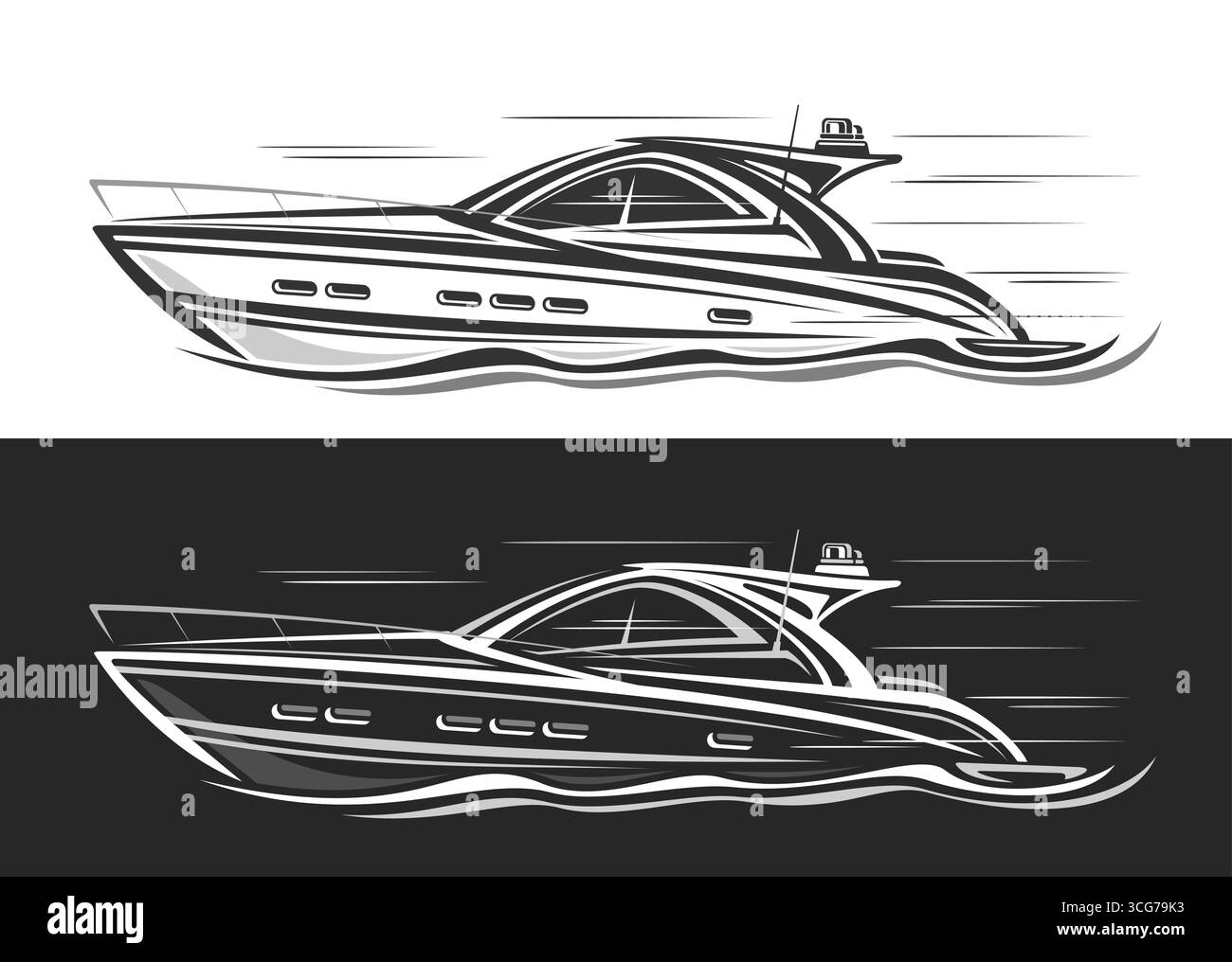 Logo Vector per barche a motore, banner nautici monocromatici con illustrazione della clipart di un motoscafo compatto ed elegante in movimento, clip art di runn disegnato a mano Illustrazione Vettoriale