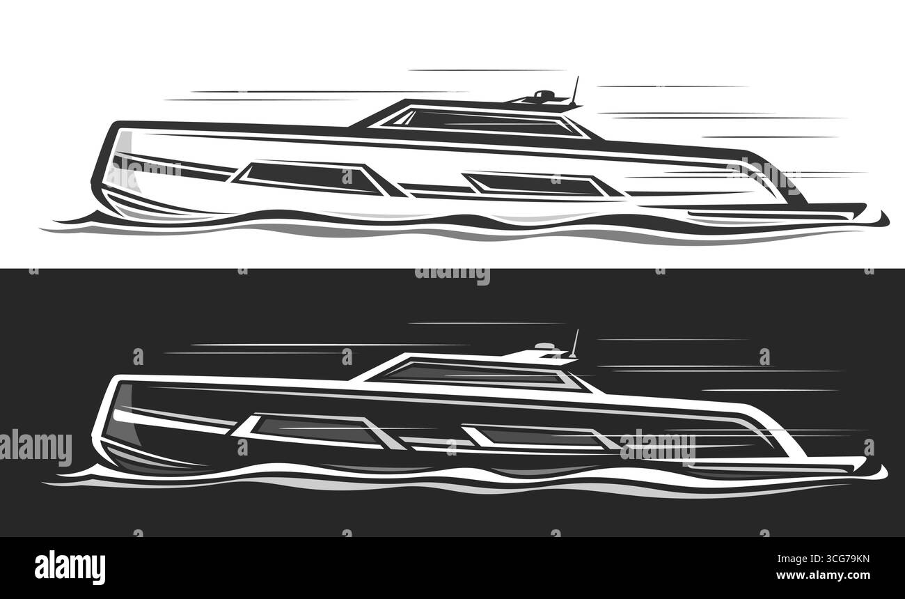 Logo Vector per Luxury Motor Boat, banner nautici monocromatici con illustrazione della clipart di una lunga barca a motore in movimento, grafica clip art di navigazione Illustrazione Vettoriale