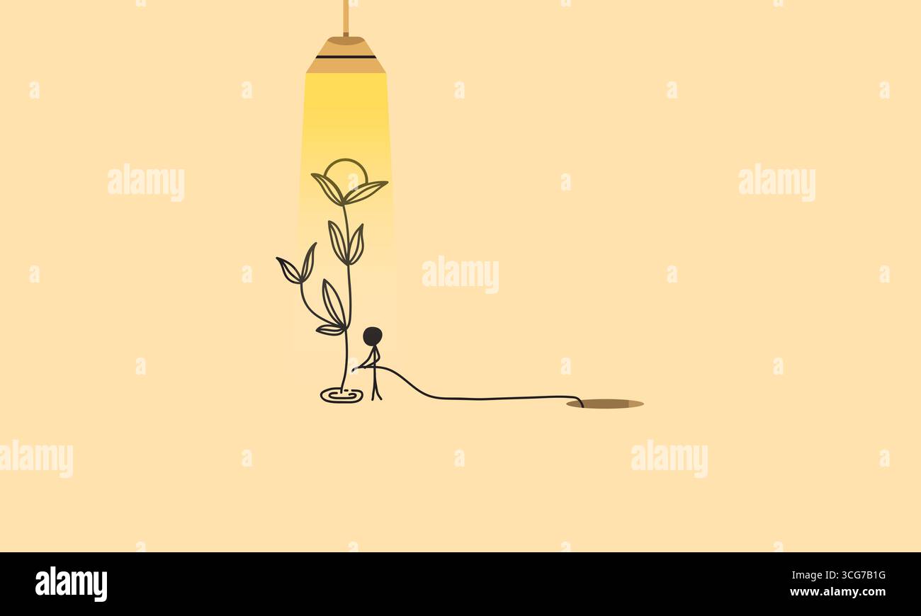 Personaggio minimalista per innaffiare una pianta in crescita sotto la lampada. Simboleggiando speranza, crescita e nutrimento Illustrazione Vettoriale