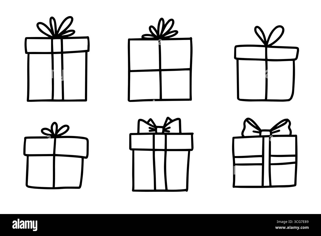 Set di doodle per scatola regalo disegnato a mano, illustrazione di una linea di schizzo del cartone animato, elemento di design per la confezione delle feste con fiocco a nastro per compleanno Illustrazione Vettoriale
