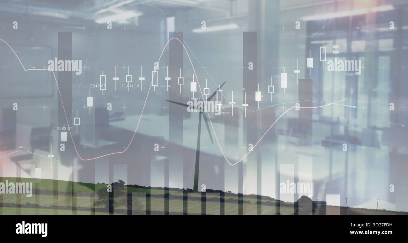 Pareti in vetro che si fondono con colline erbose nella sala riunioni, mostrando turbine eoliche sotto sovrapposizioni cartografiche Foto Stock