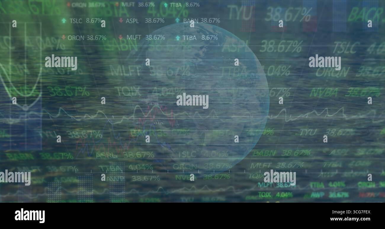 Globo terrestre trasparente galleggiante che si fonde con il mare aperto, con tacche, valori % e frecce Foto Stock