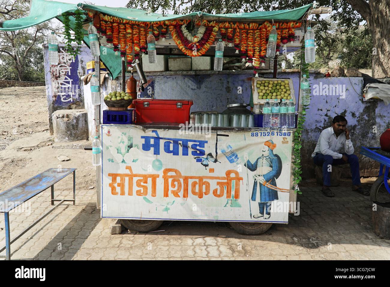 Kota, Rajasthan, India settentrionale, Asia, bancarelle con bevande e decorazioni colorate, India Foto Stock