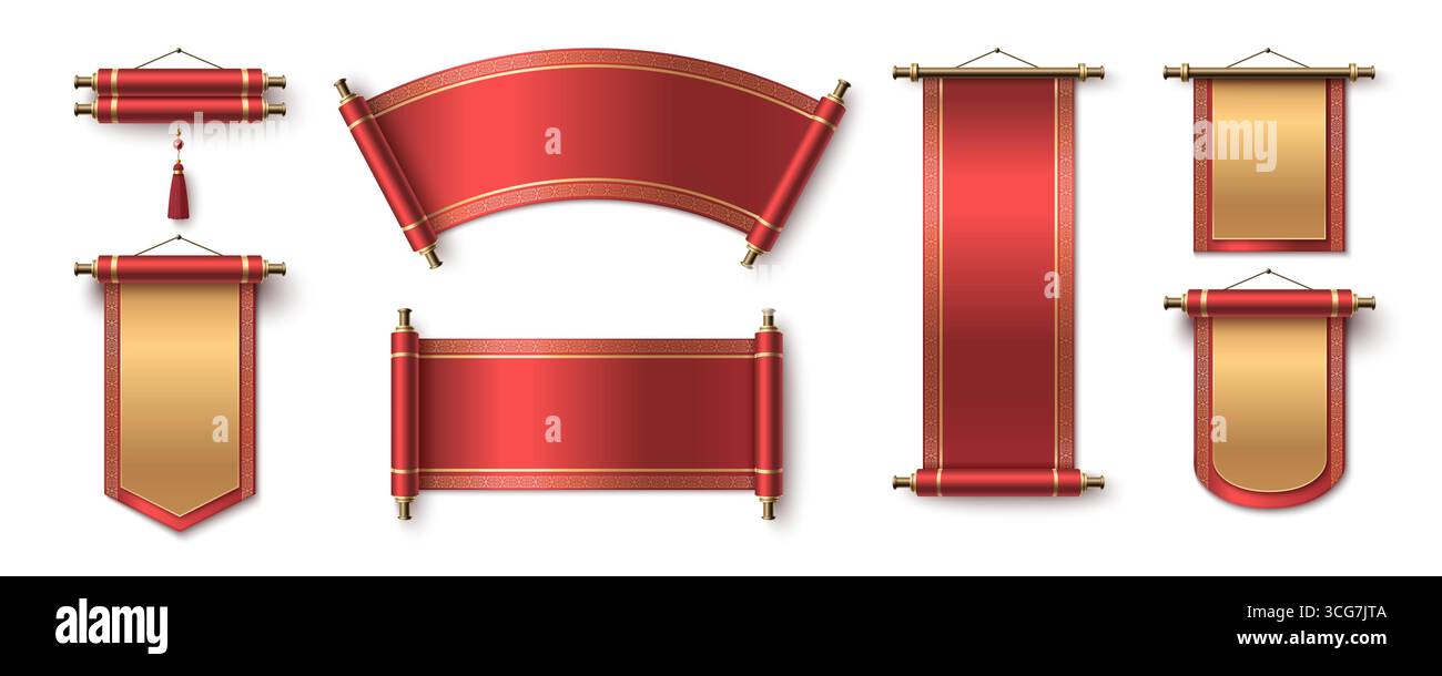 Set di carta cinese a spirale con striscioni di seta rossa, decorazioni dorate e nappine per i disegni del nuovo anno lunare. Pergamena tradizionale con aste in ottone e bordi curvi. Rotoli orientali per le feste Illustrazione Vettoriale
