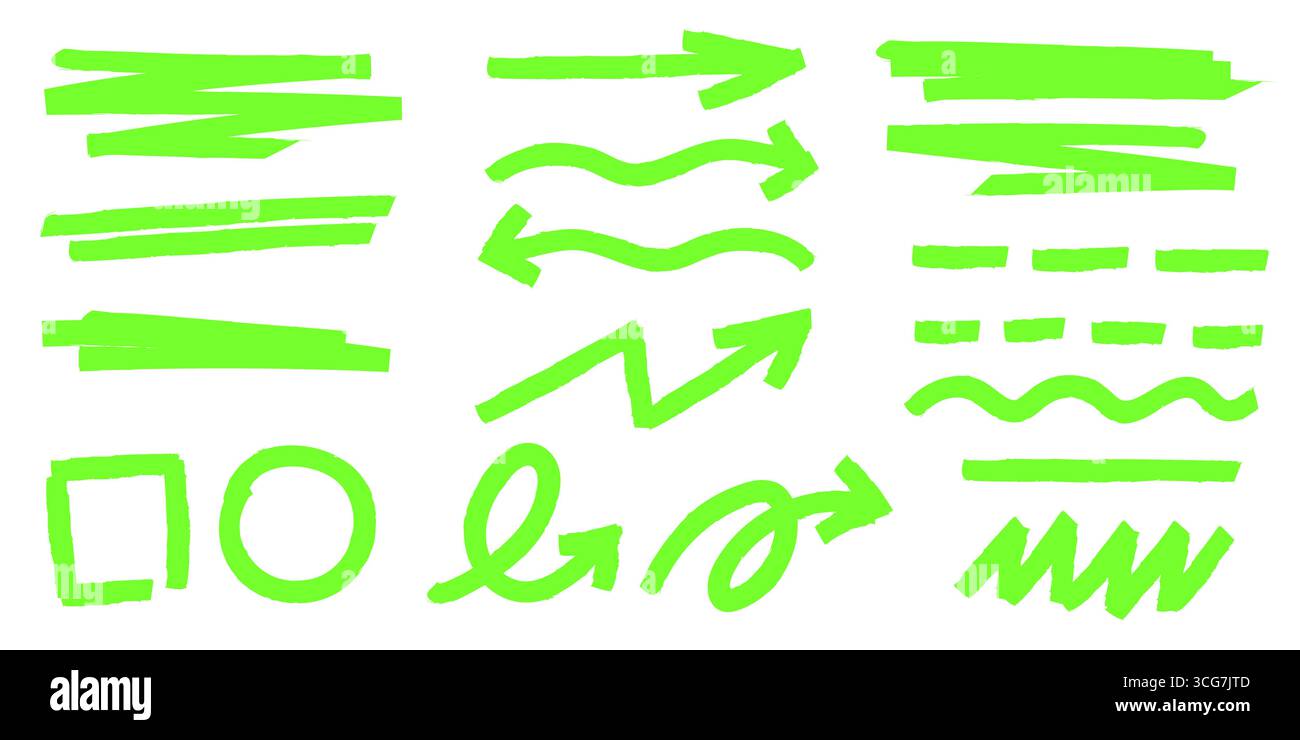 Tratti di evidenziazione verde brillante con trame marcatore: Frecce e sottolineature, cerchi, quadrati e linee ondulate su bg bianco. Elementi di enfasi disegnati a mano per annotazioni, note o accenti di design digitale. Illustrazione Vettoriale