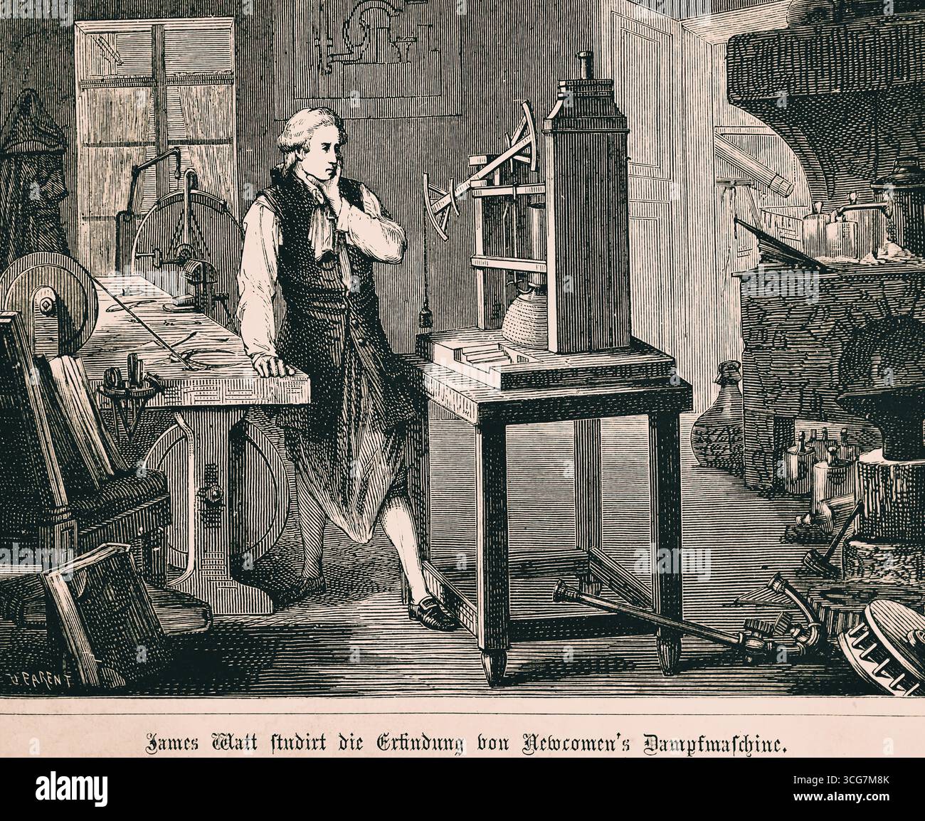 James Watt studia l'invenzione del motore a vapore Newcomen, l'industrializzazione, la tecnologia, l'industria, gli strumenti, strumenti, tavolo, esperimenti, interi Foto Stock