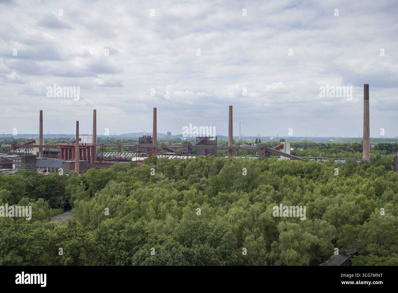 Camini sul sito della cokeria, vista dalla terrazza per i visitatori del Museo della Ruhr, del complesso industriale della miniera di carbone di Zollverein e dell'UNESCO World Heri Foto Stock