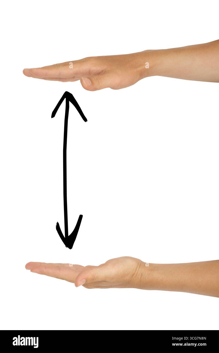 Un paio di mani isolate come gesti di misurazione o dimensionamento Foto Stock