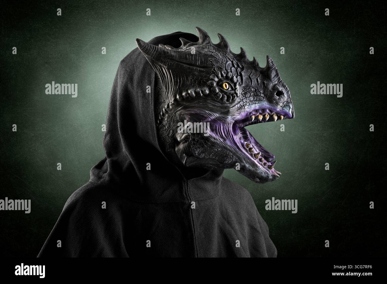 Ritratto di un drago con mantello con cappuccio su sfondo nebbioso scuro. Foto Stock
