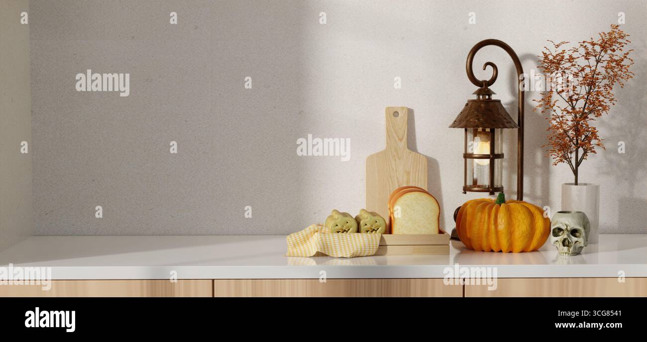 Spaventoso spettacolo della cucina di Halloween con zucche ed elementi d'arredo inquietanti. Illustrazione di rendering 3D. Foto Stock