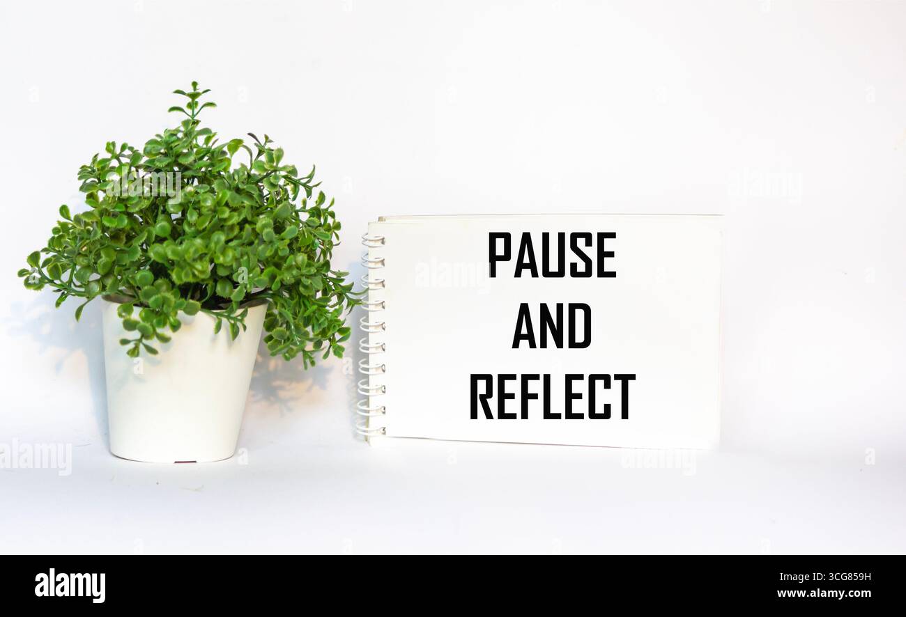 Pausa e riflessione. Parole su un taccuino, sfondo bianco con un fiore Foto Stock