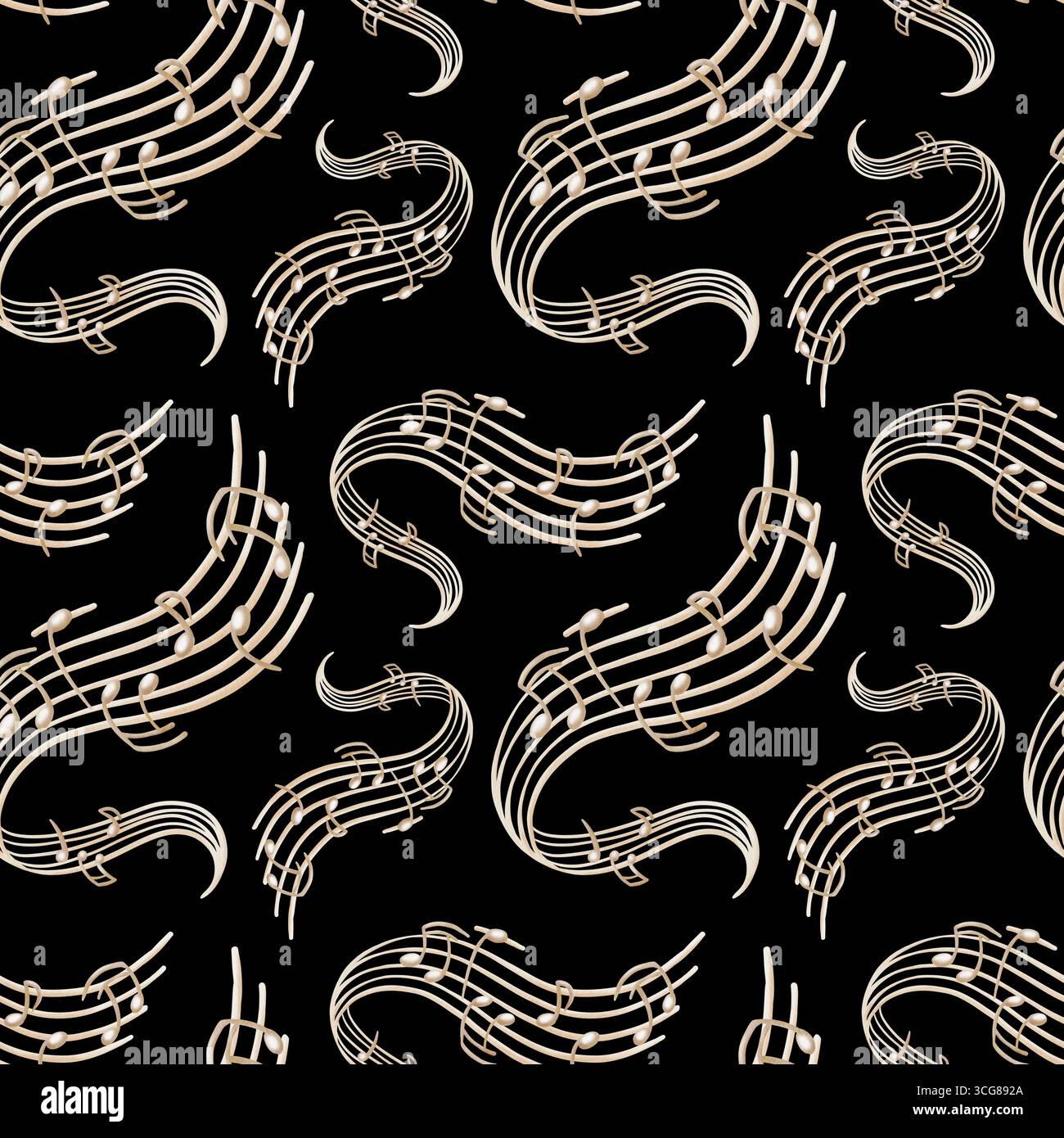 Piedistallo musicale senza interruzioni con note stilizzate color beige in una composizione avvolgente come simbolo di una canzone riprodotta da un giradischi.disegnato a mano Foto Stock