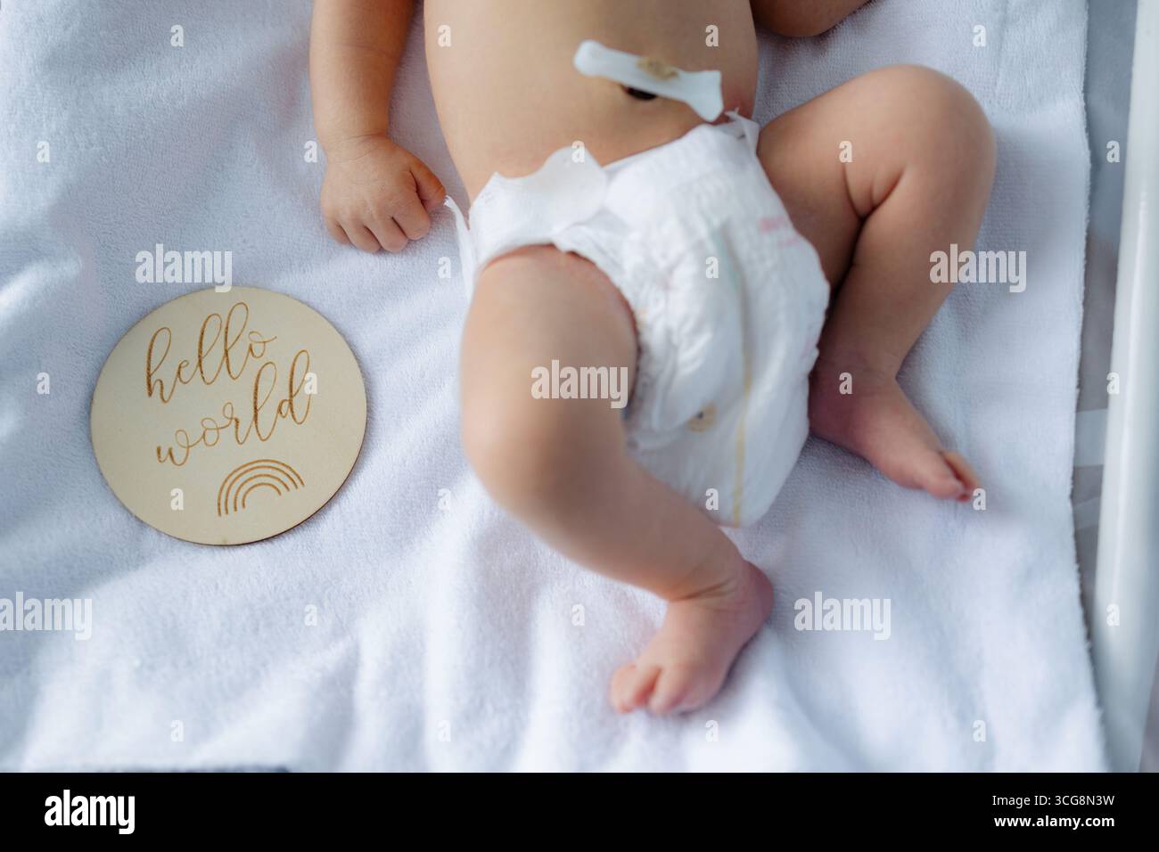 Un dolce bimbo appena nato si rilassa su una morbida coperta all'interno di una culla, adornata da un disco di legno che dice ciao al mondo. Il calore delicato dell'impostazione Captu Foto Stock