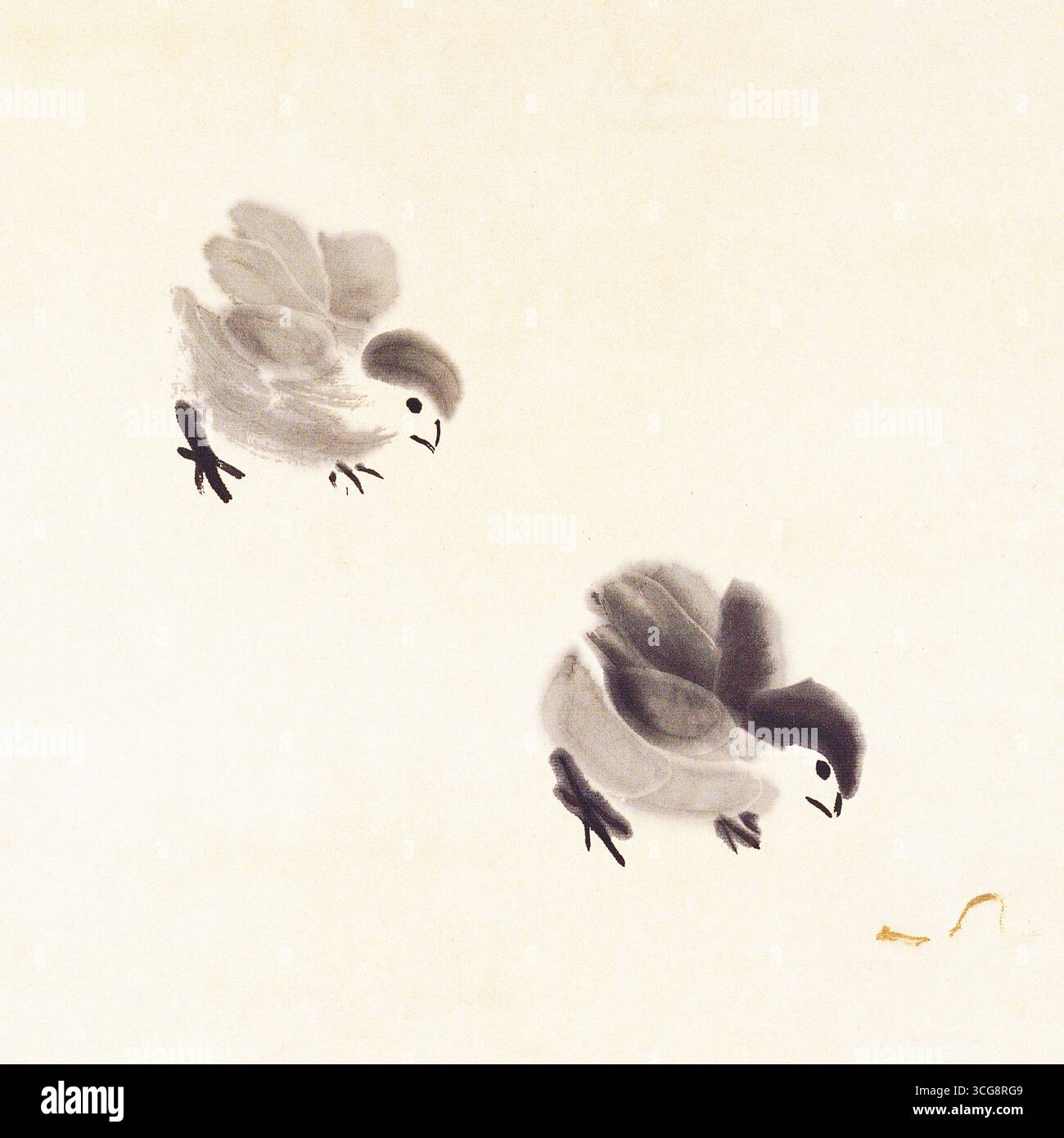 Due pulcini con grana - Pittura minimalista con lavaggio inchiostro cinese Foto Stock