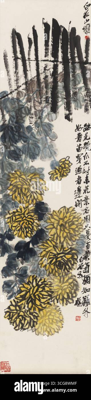 Crisanthemums Qi Baishi - scorrimento verticale a colori e inchiostro cinese con calligrafia Foto Stock