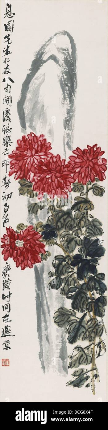 Qi Baishi Chrysanthemums e Scholar's Rock - Chinese Ink and Color Vertical Scroll Foto Stock