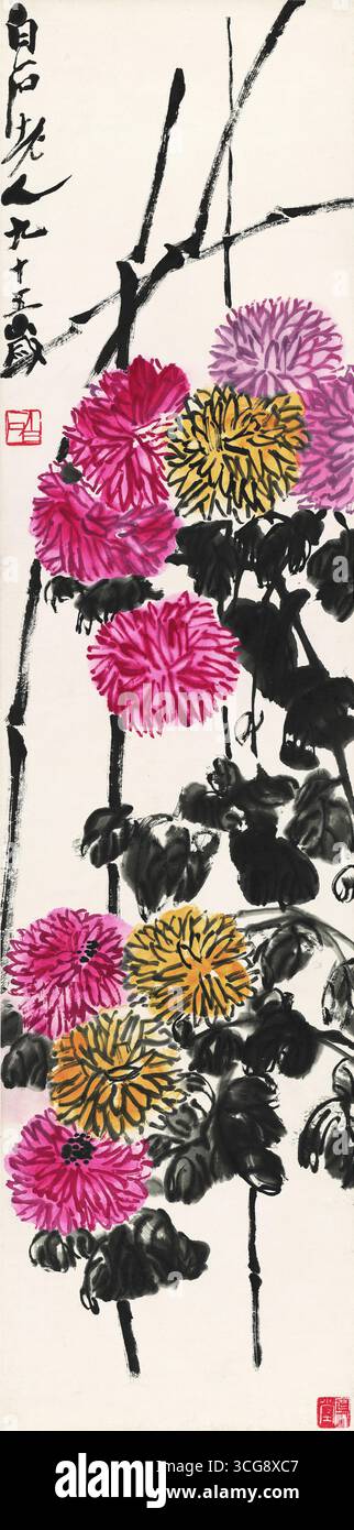 Crisanthemums Qi Baishi - scorrimento verticale a colori e inchiostro cinese con calligrafia Foto Stock