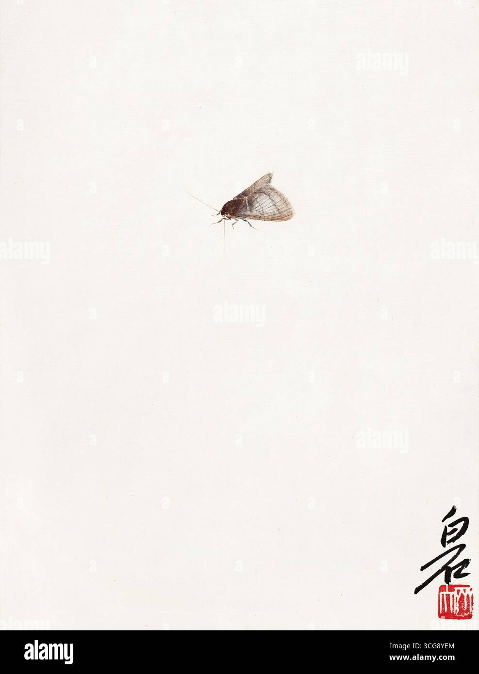 Qi Baishi Yellow Moth - inchiostro cinese e colore su carta, composizione minimalista Foto Stock