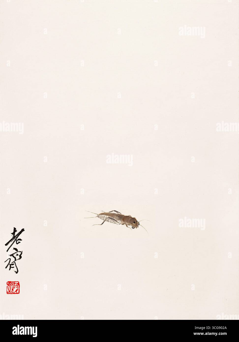 Mole Cricket - inchiostro cinese stile Qi Baishi e colore su carta, composizione minimalista con sigillo Foto Stock
