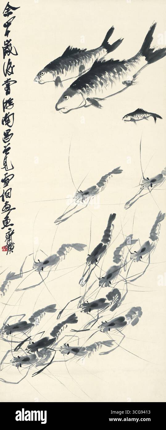 Qi Baishi: Pittura a inchiostro di pesci e gamberi con calligrafia, scorrimento verticale (Sumi-e bianco e nero) Foto Stock
