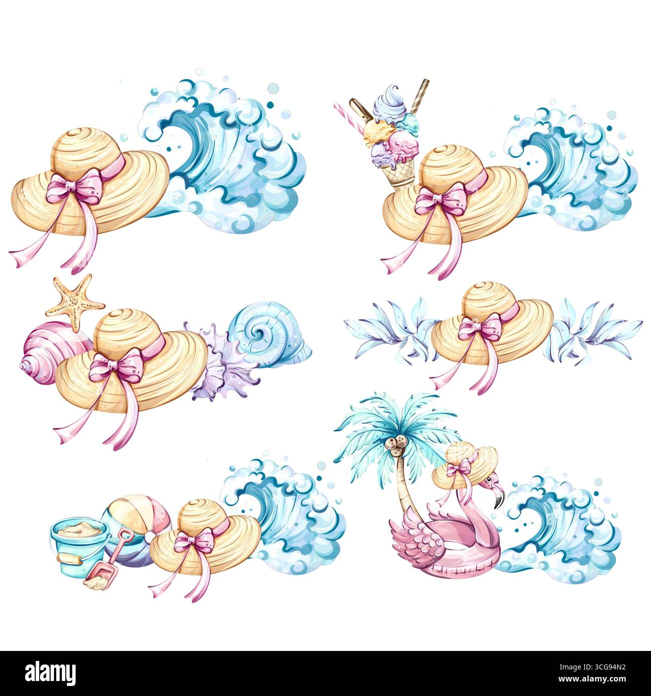 Godetevi le vibrazioni estive con cappelli da spiaggia, elementi tropicali e ricordi gioiosi ispirati alle giornate di sole e alle vacanze in riva al mare Foto Stock