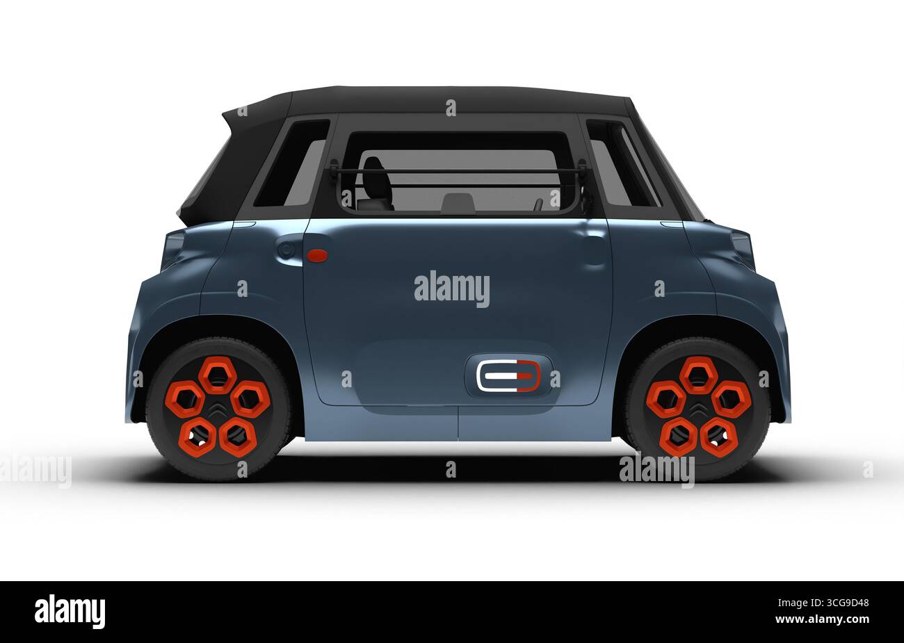 Izmir, Turchia - agosto 26 2025: Rendering 3D realistico di Citroen ami grigio-bluastro 2020, vista completa lato destro, sfondo bianco. Foto Stock