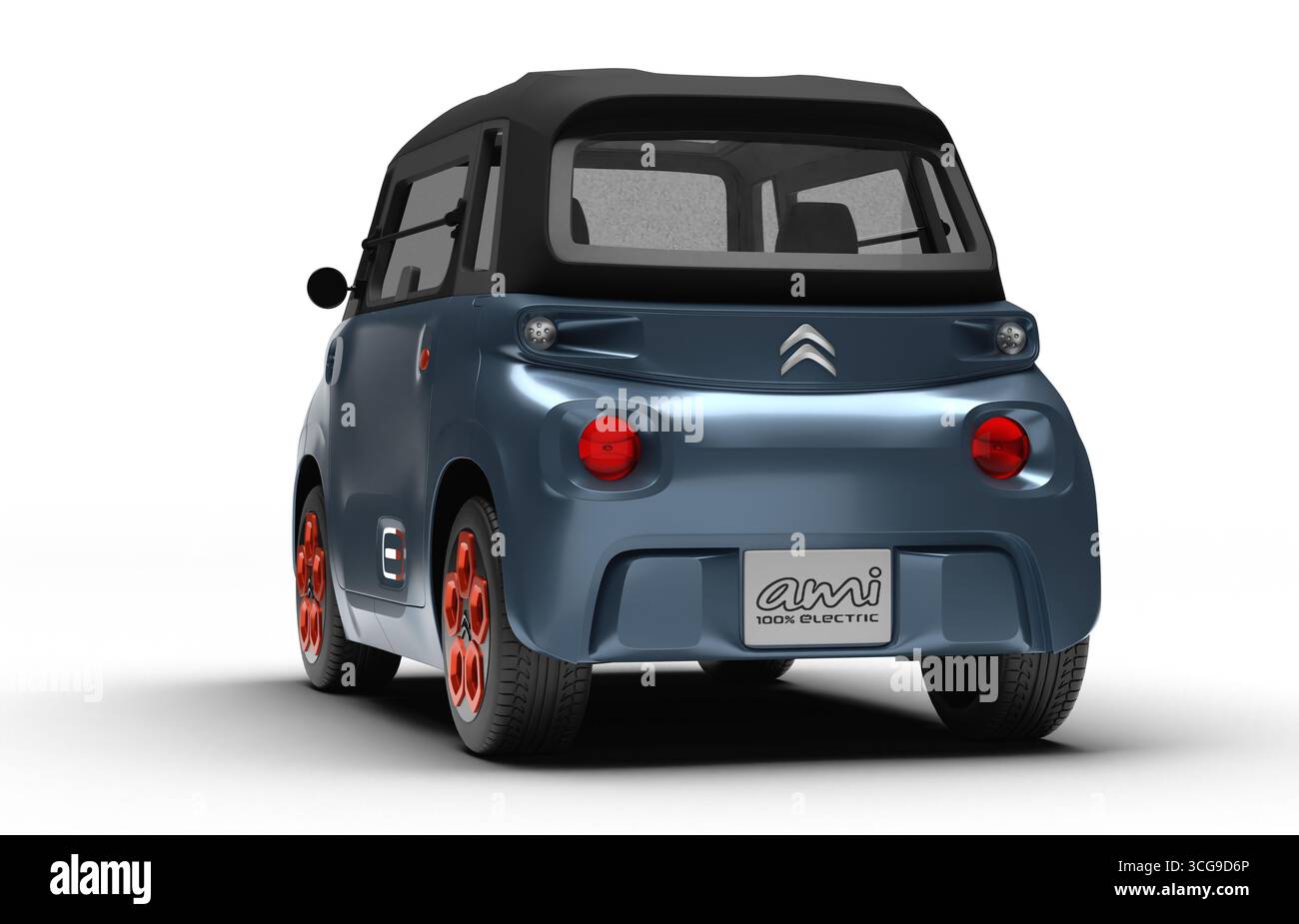 Izmir, Turchia - agosto 26 2025: Rendering 3D realistico di Citroen ami grigio-bluastro 2020, vista posteriore sinistra, sfondo bianco. Foto Stock