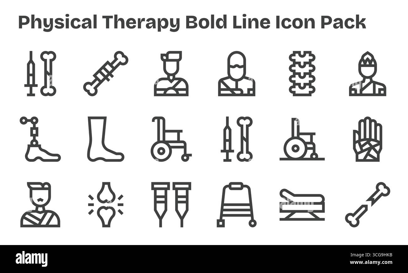 Questo pacchetto di icone di terapia fisica include 18 vettori Bold Line, perfetti per migliorare le interfacce digitali. Illustrazione Vettoriale