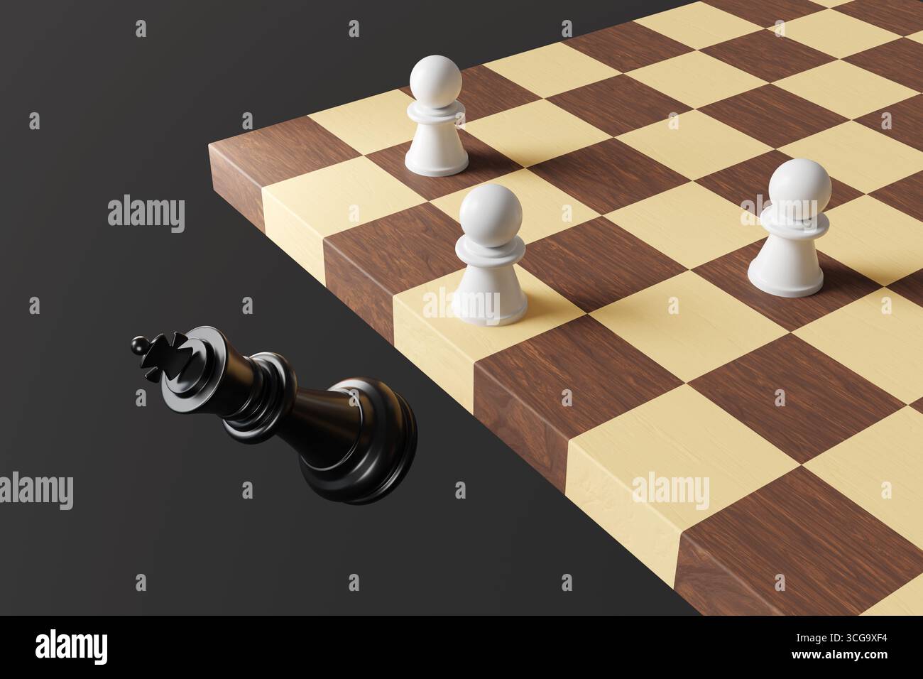 Un pedone bianco tira fuori un re nero dalla scacchiera su uno sfondo nero. Illustrazione del concetto di piccolo rovesciamento del potente Foto Stock