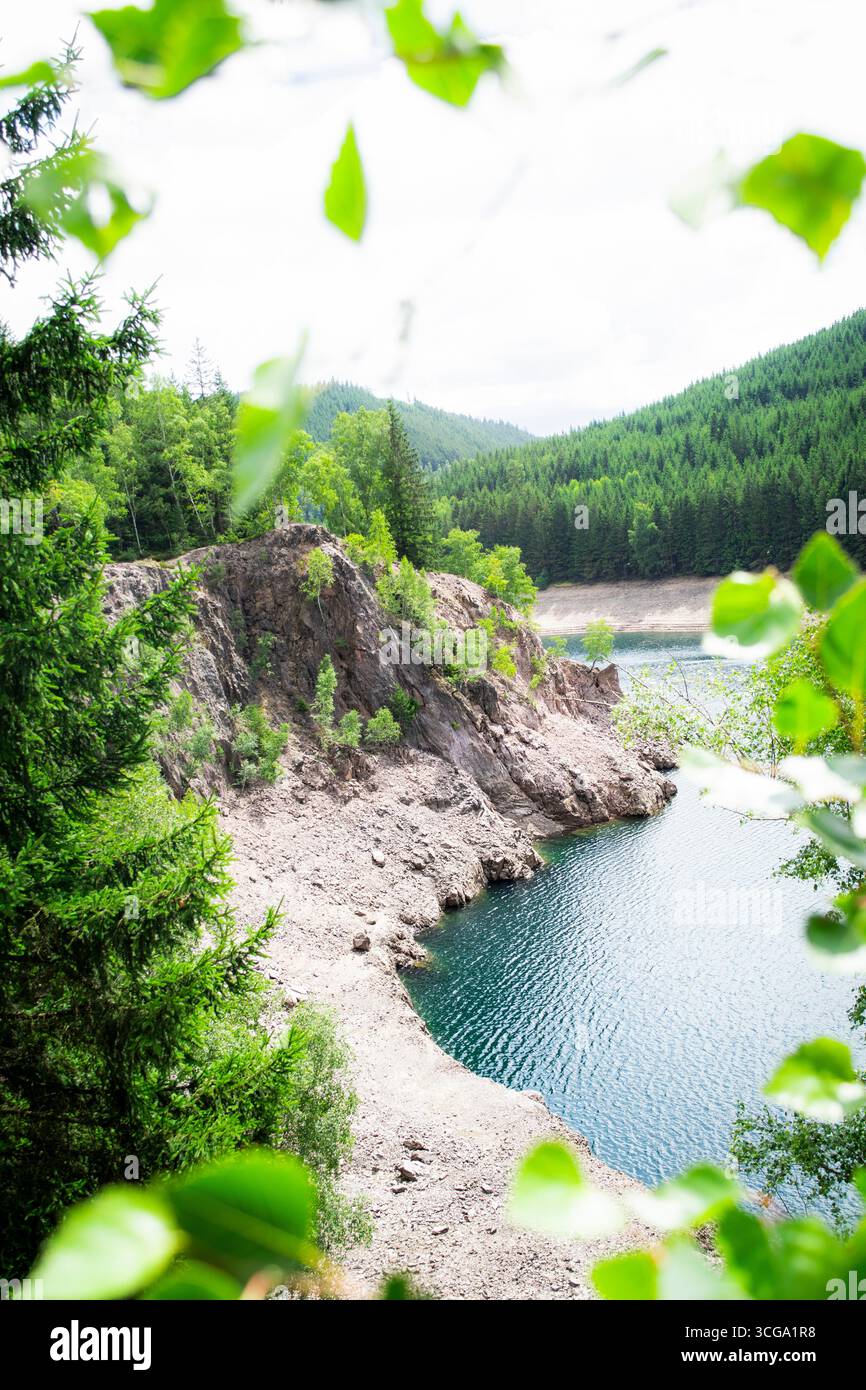 Scenografica scogliera rocciosa accanto a un lago di montagna circondato da una fitta pineta. Paesaggio naturale perfetto per viaggi, avventura ed eco-turismo. Foto Stock