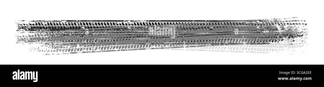 Sgrossare le tracce degli pneumatici con schizzi di fango, segni di frenata delle ruote sporche. Silhouette con battistrada per camion, auto o motociclette. Perfetto per fuoristrada Illustrazione Vettoriale