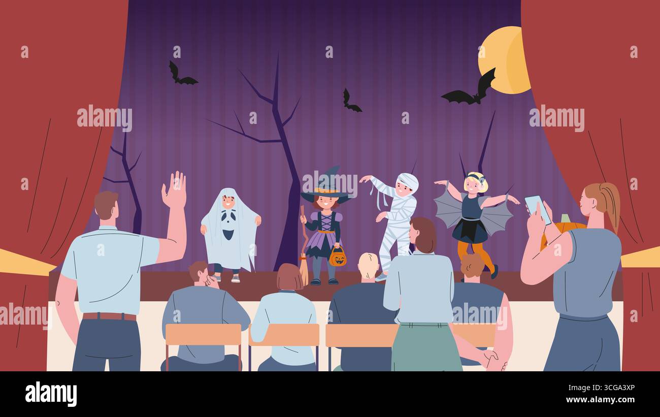 I genitori sostengono i loro figli sul palco. Intrattenimento di Halloween, spettacolo dell'asilo per bambini. Evento stagionale autunnale, bambina in costume di carnevale vettoriale Illustrazione Vettoriale