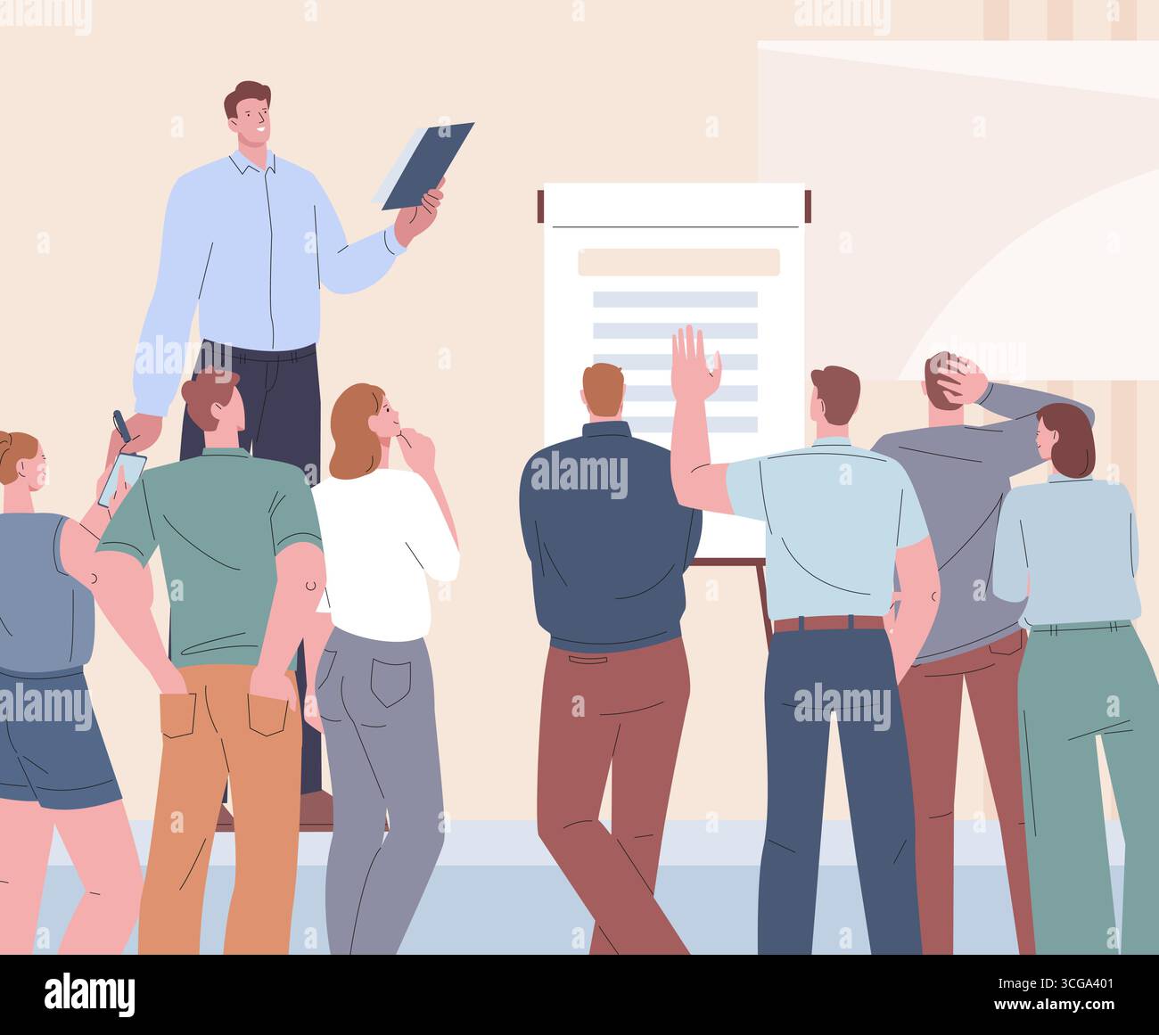 Sessione con il coach. Intervento del team leader o capo, formazione aziendale sulle vendite, marketing. Gli studenti si affollano alla conferenza, parlano sul palco, orig. Scena vettoriale Illustrazione Vettoriale
