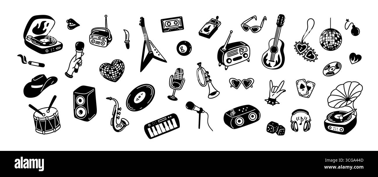 Set di musica retrò disegnati a mano con elementi doodle. Vinile d'epoca, disco ball, strumenti musicali. Mano con microfono. Festival punk, rock, jazz. Illustrazione Vettoriale