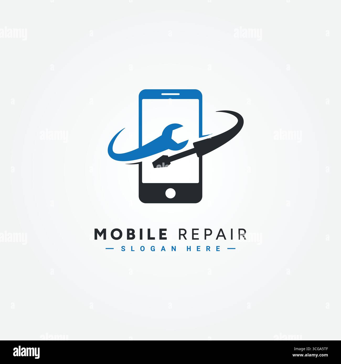 Un logo moderno e professionale per un'officina di riparazione di telefoni cellulari, dotato di uno smartphone con strumenti di riparazione. Perfetto per le aziende che offrono telefono Illustrazione Vettoriale