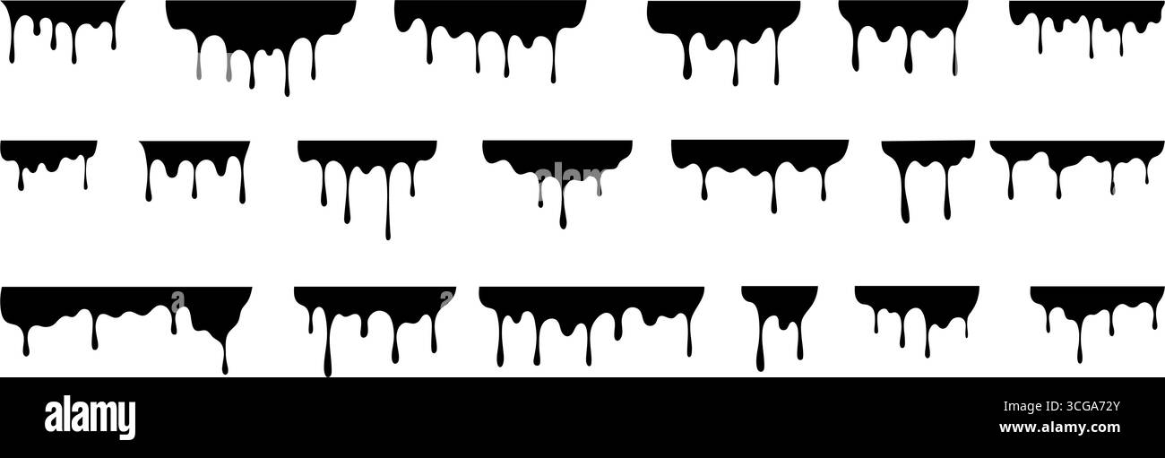 Set di vernici per gocciolamento a fusione nera. Gocce di liquido e forme astratte Illustrazione Vettoriale
