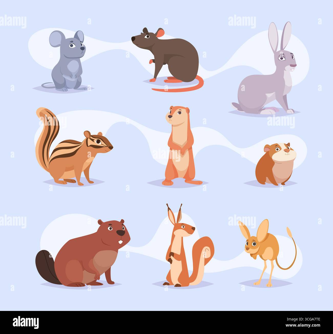 Roditori. Animali cartoni animati che mangiano in piedi topo seduto criceto topo esatta mascotte vettoriali in azione pone opere d'arte originali Illustrazione Vettoriale