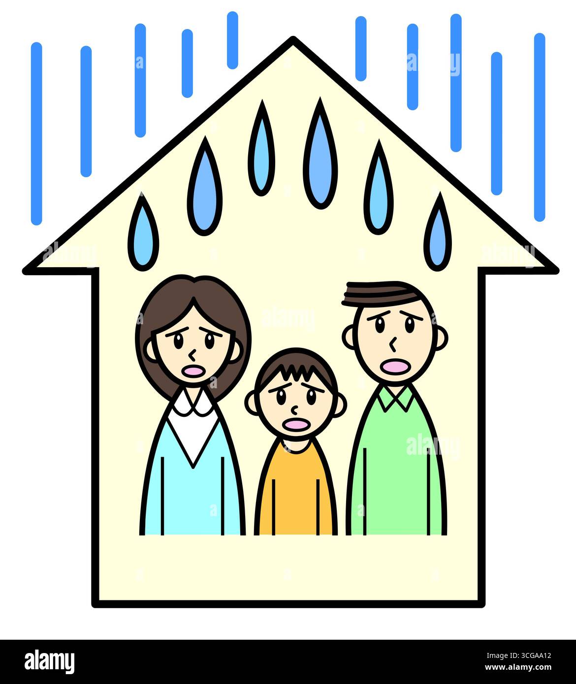 Una famiglia di tre persone con facce tormentate sotto un tetto perduto Foto Stock