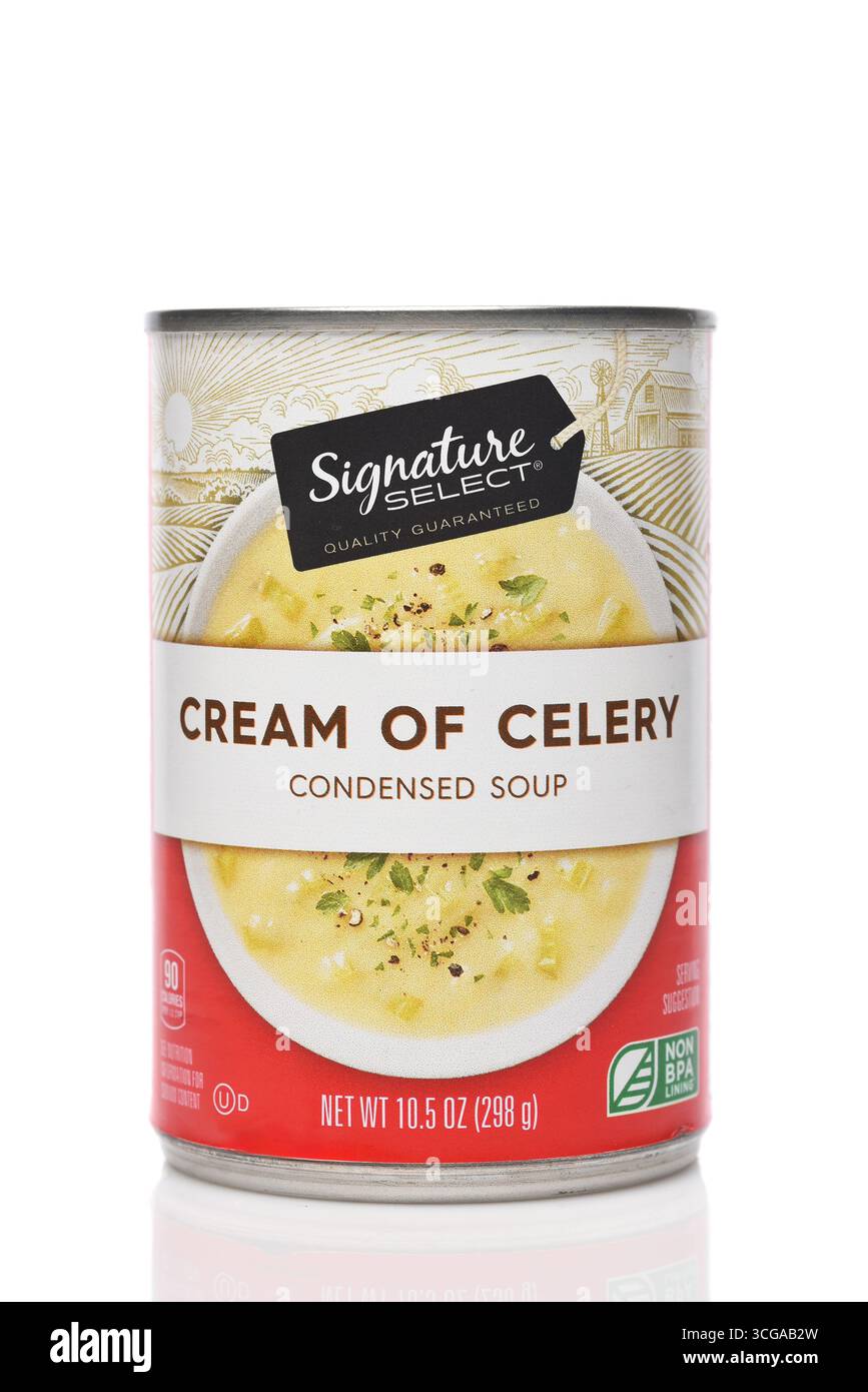 IRVINE, CALIFORNIA- 25 agosto 2025: Un barattolo di Signature Select Cream of Celery Soup. Foto Stock