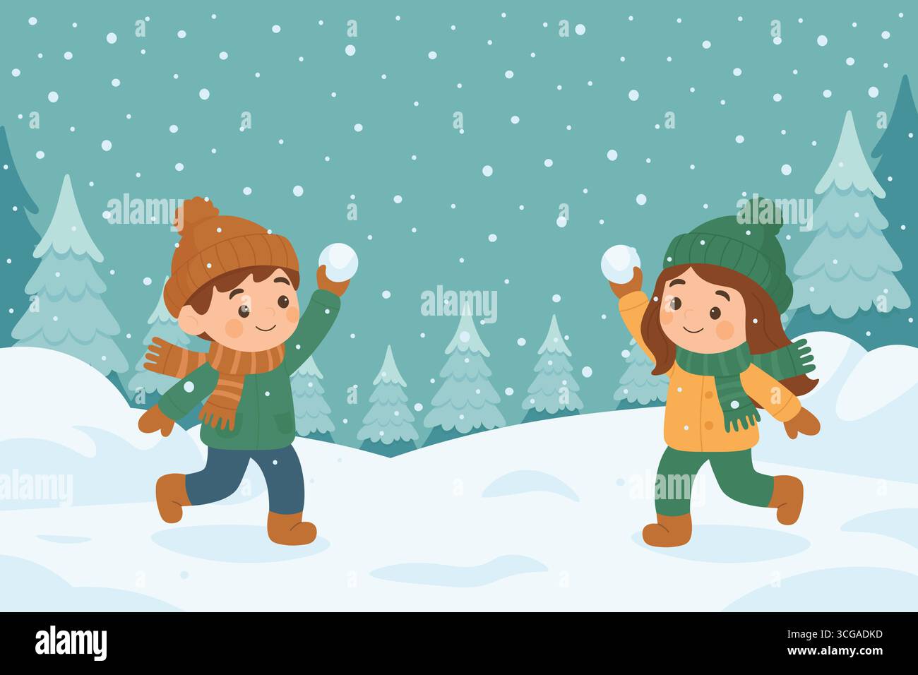 Due bambini felici che lanciano palle di neve nella foresta innevata indossando abiti caldi e divertendosi all'aperto in inverno Illustrazione Vettoriale