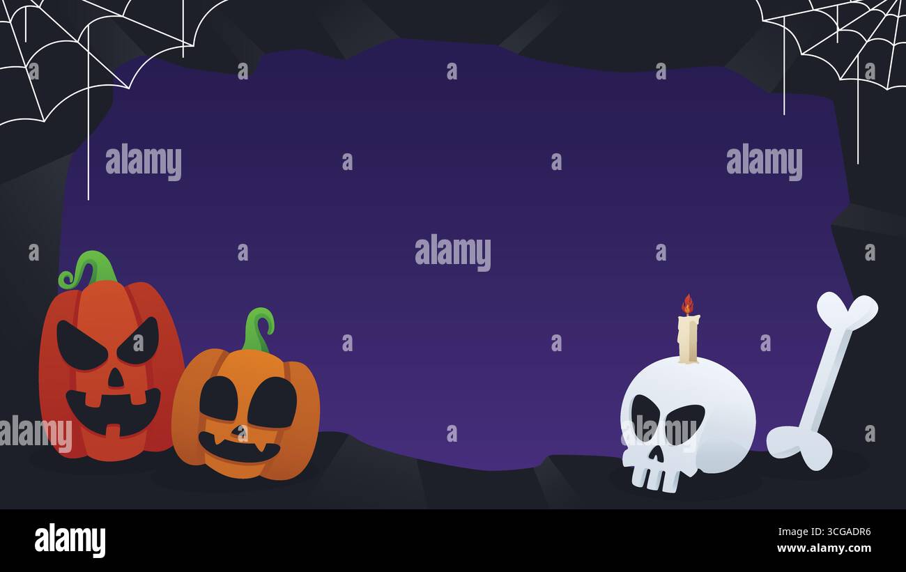 Spaventoso sfondo di Halloween con zucche e teschi sorridenti. Ideale per eventi di ottobre Illustrazione Vettoriale