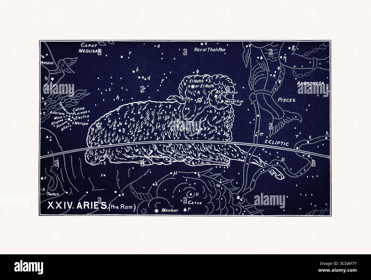 Antica mappa costellata di Ariete, illustrazione cartografica stellare celeste pubblicata a Londra, 1893. Foto Stock