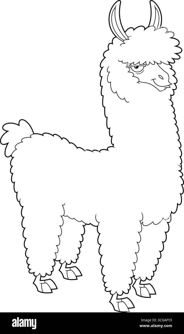 Personaggio di Llama Animal Cartoon delineato. Illustrazione vettoriale disegnata a mano isolata su sfondo trasparente Illustrazione Vettoriale