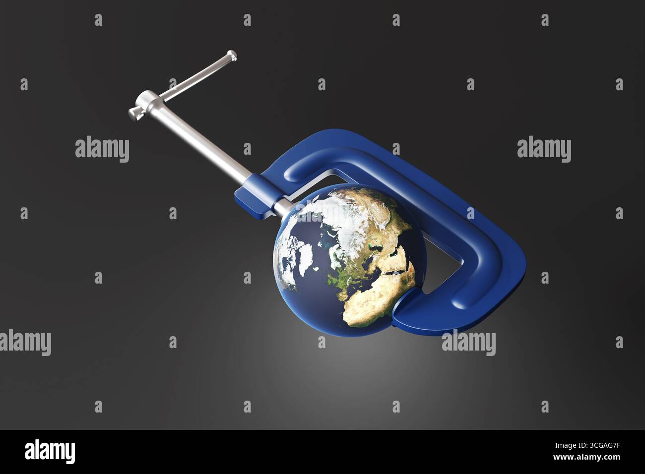 Messa a terra tenuta da un morsetto a G blu su sfondo nero. Illustrazione del concetto di salvare il nostro pianeta e la conservazione ambientale Foto Stock