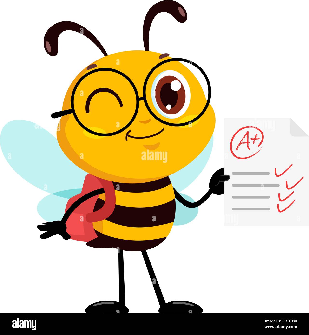 Carino personaggio del cartone animato School Bee in possesso di una carta di credito Plus. Illustrazione vettoriale Flat Design isolato su sfondo trasparente Illustrazione Vettoriale